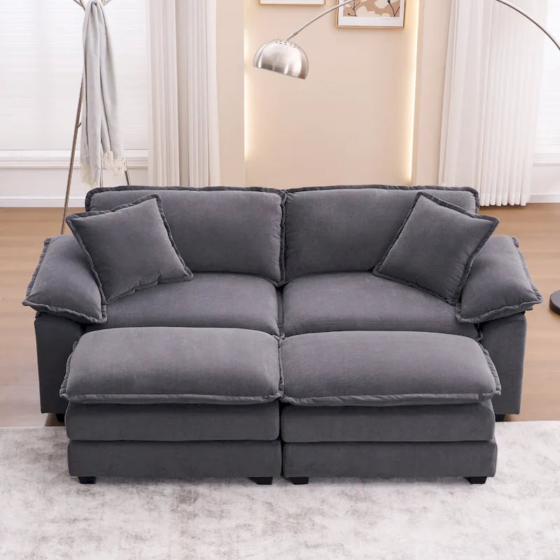 Canapé 2 places avec 2 coussins, 2 oreillers et 2 poufs, canapé confortable – canapé profond modulable pour le salon