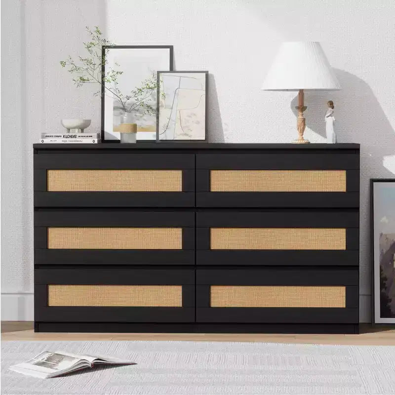 Cómoda de rattan para quarto com 6 gavetas, cómoda larga de estilo quinta moderno de 47, armário organizador de arrumação em madeira para closet, sala de estar e corredor