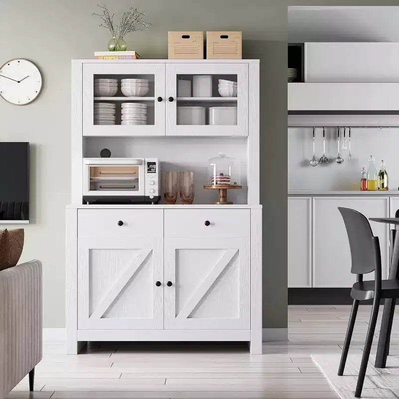 Armário despenseiro de cozinha com suporte para micro-ondas, armário com vitrina e aparador com prateleiras ajustáveis, para cozinha e sala de jantar