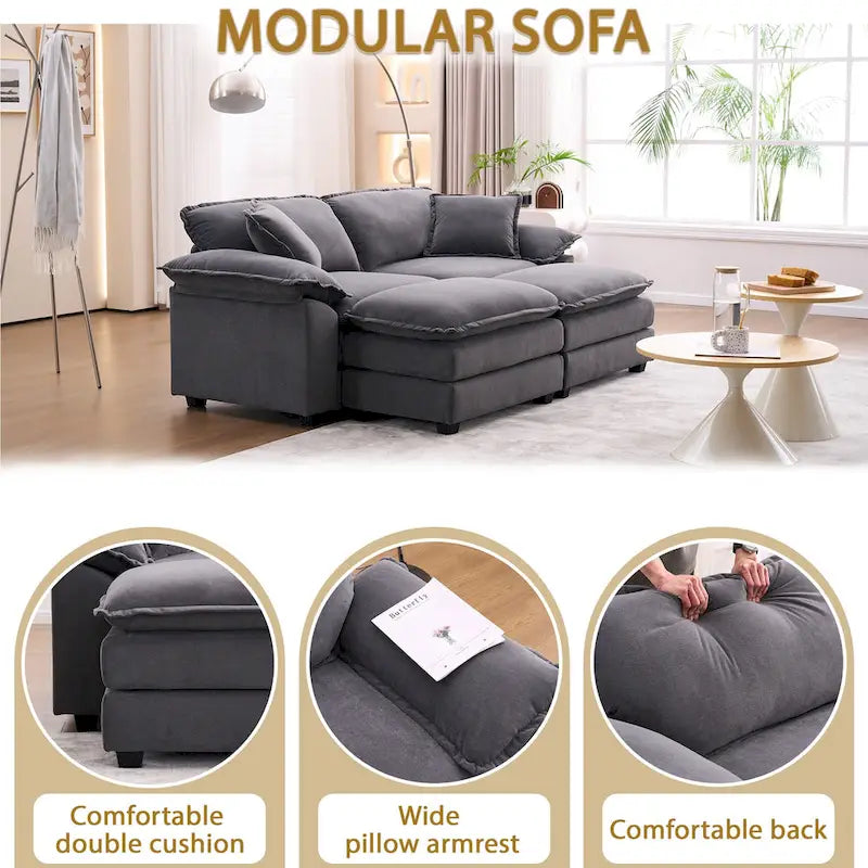 Canapé 2 places avec 2 coussins, 2 oreillers et 2 poufs, canapé confortable – canapé profond modulable pour le salon