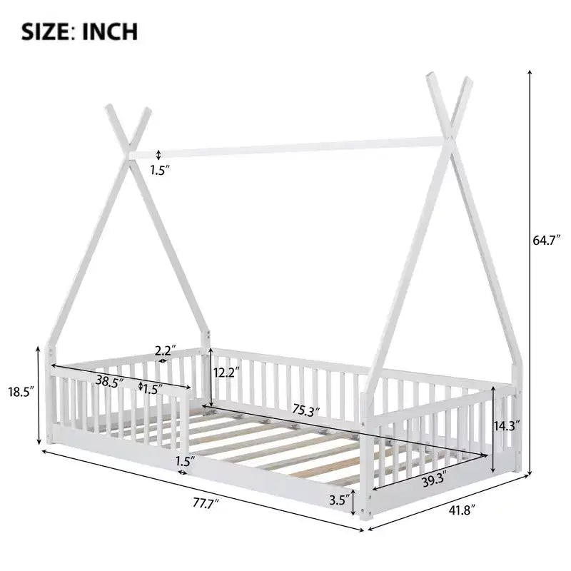 Cama de chão para crianças, camas-tenda individuais, cama de chão Montessori com ripas e grades de proteção, estrutura de cama-casa de madeira para meninos e meninas
