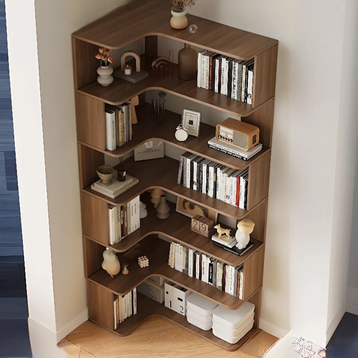 Manufactured Wood Corner Bookshelf with 6 Shelves