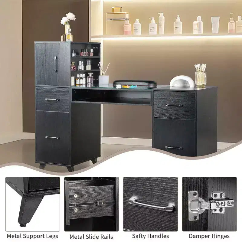 Mesa de manicure moderna preta/rosa com tampo de vidro e apoio para os pulsos, estação individual