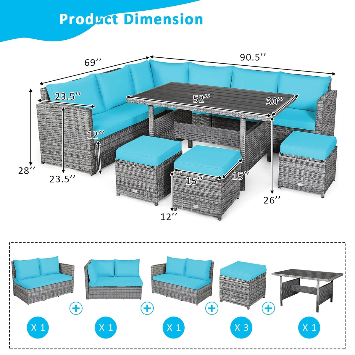 Costway 7 PCS Patio Rattan Dining Set Sectional Sofa Couch Ottoman - See Details