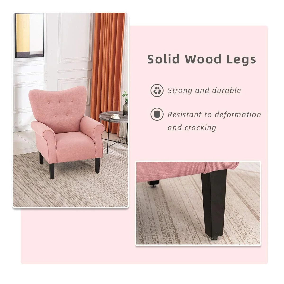 Fauteuil d’appoint moderne Erommy, fauteuil à dossier haut, canapé une place en tissu rembourré avec boutons et pieds en bois pour le salon
