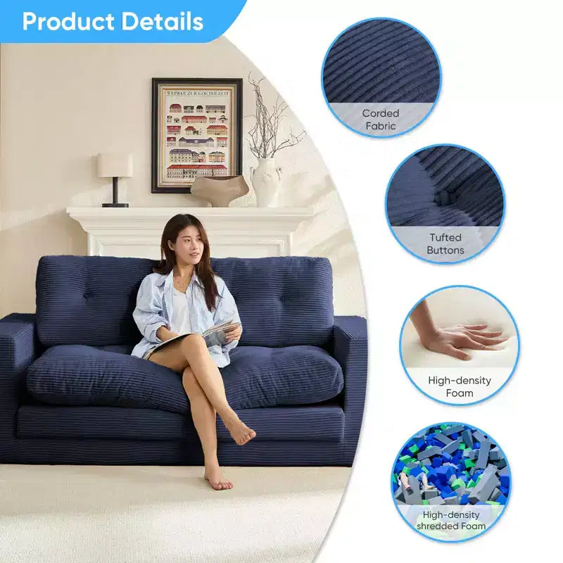 Canapé-lit futon convertible 2-en-1 Mjkone de 71 po, canapé deux places convertible pliable en tissu côtelé avec boutons capitonnés, gain de place