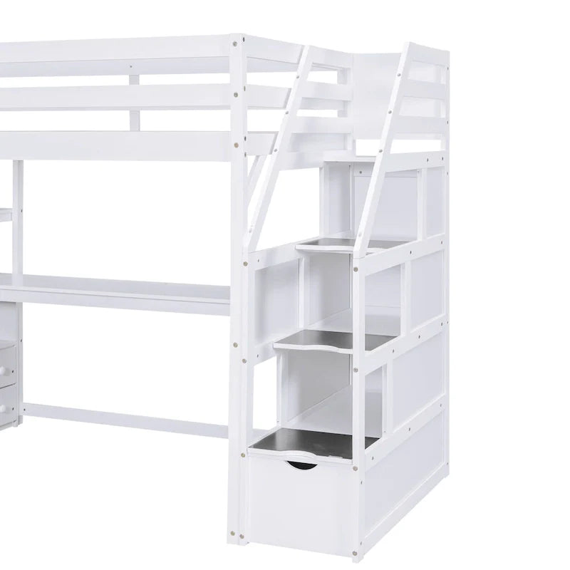 Cama alta Twin com secretária e prateleiras, duas gavetas incorporadas e escada com arrumação