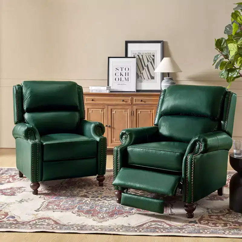 Conjunto de 2 cadeirões reclináveis Elisabete modernos, de costas altas, em pele genuína, com acabamento vintage de tachas, para sala de estar e quarto| ART OF LIVING DESIGNS