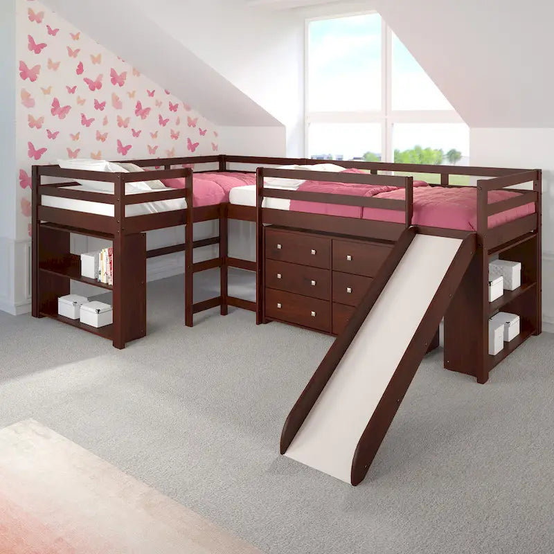 Set letto a soppalco scorrevole a L doppio Twin in color cappuccino scuro