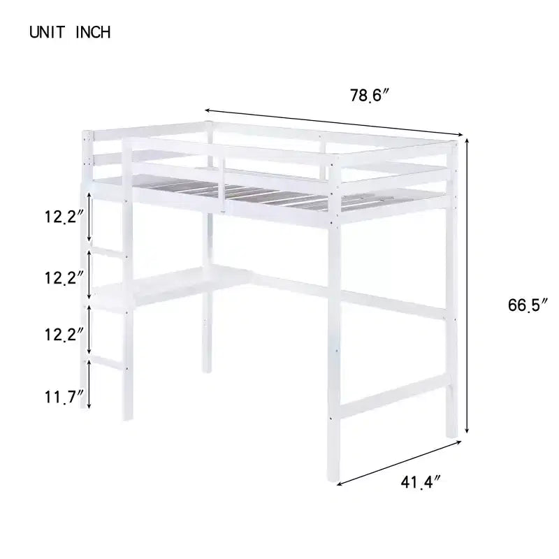Lit mezzanine minimaliste Okak avec échelle, lit mezzanine double en bois d'hévéa avec barrière de sécurité et bureau intégré, cadres de lit pour enfants et adolescents