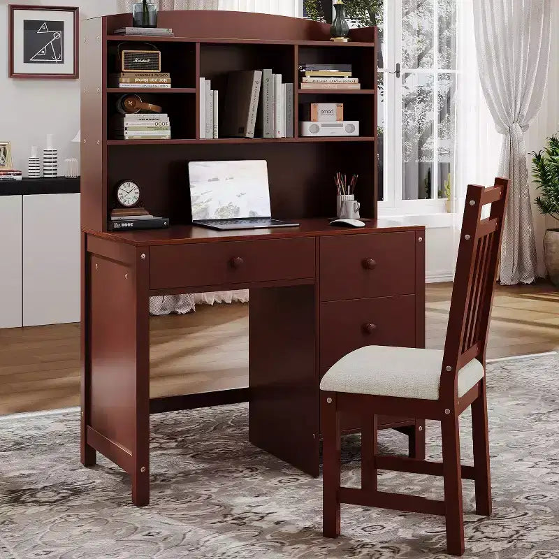 Okak moderne houten bureau voor kantoor aan huis met bureaublad, stoel en boekenkast, opbergbureau voor tieners en studenten om te studeren en schrijven, voor studie en kantoor