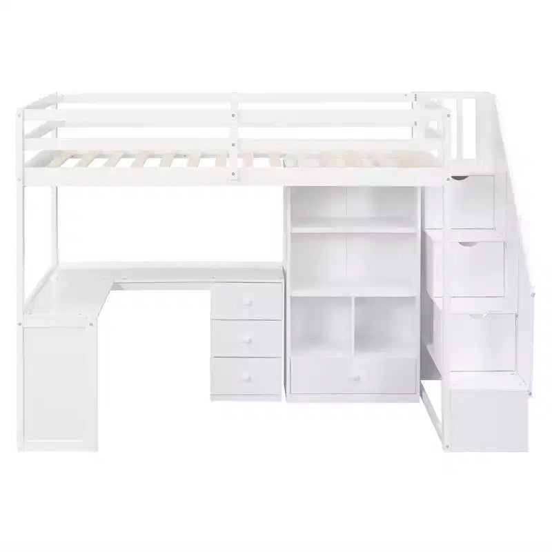Hochbett in Twin-Größe mit L-förmigem Schreibtisch, 3 Schubladen, Schrank und Stauraum in der Treppe, Konstruktion aus massivem Kiefernholz/MDF