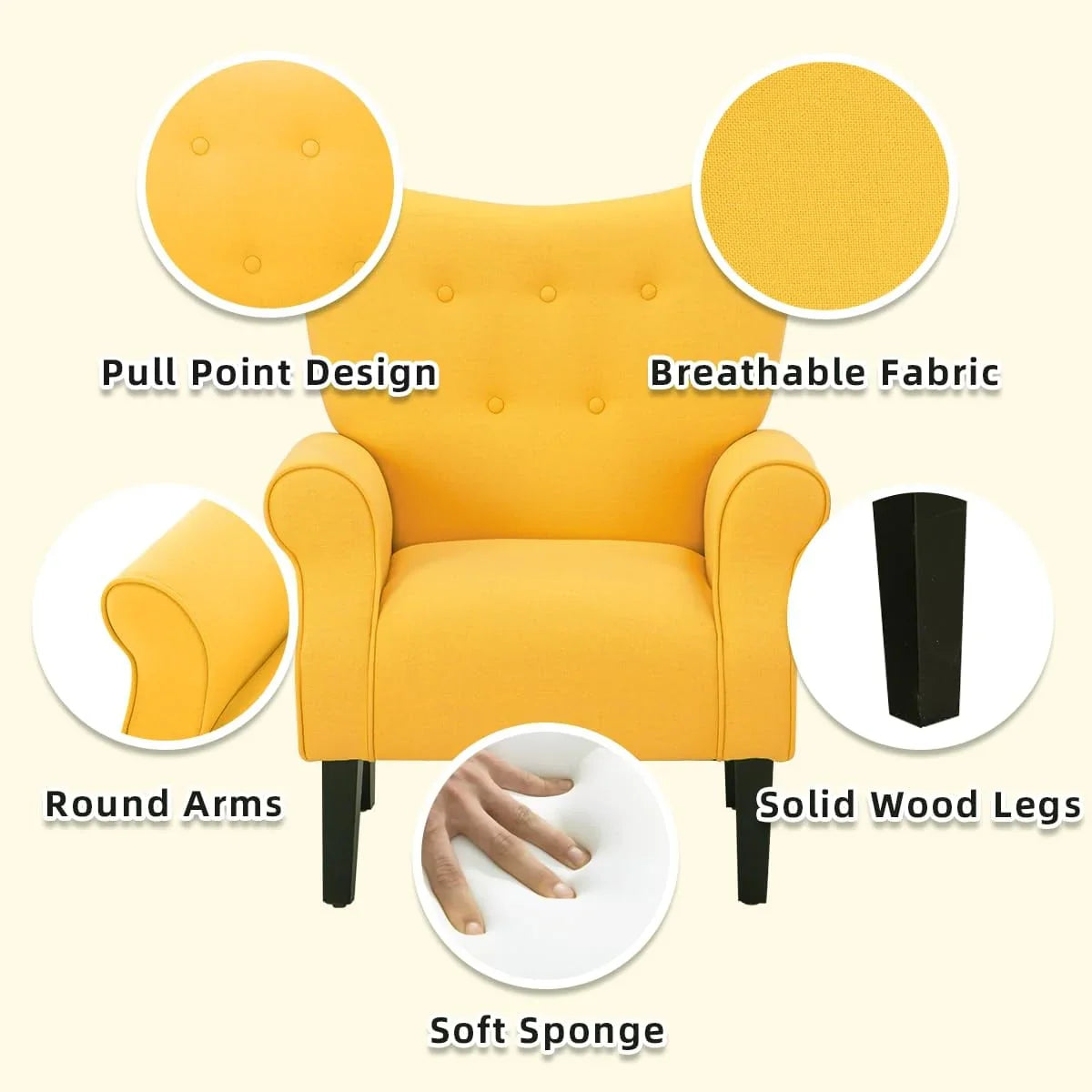 Fauteuil d’appoint moderne Erommy, fauteuil à dossier haut, canapé une place en tissu rembourré avec boutons et pieds en bois pour le salon