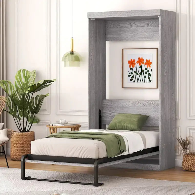 Cama escamoteável de tamanho Twin, pode ser dobrada e guardada num armário, cinzenta