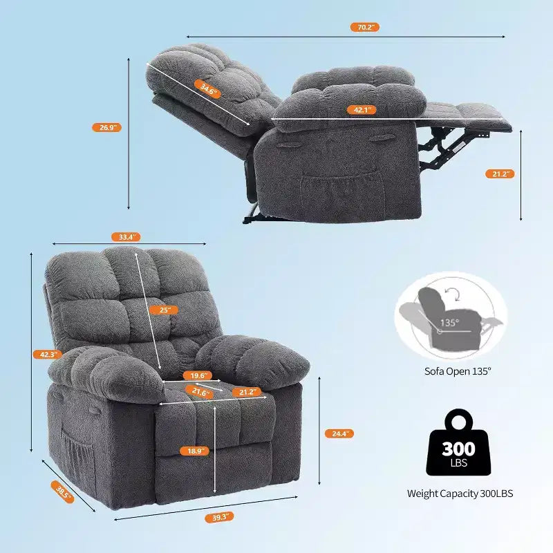 Cadeirão reclinável manual, com tecido ergonómico e respirável e bolsos laterais, sofá individual, adequado para a sala de estar ou o quarto
