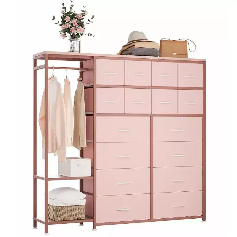 Cómoda com 16 gavetas, varão para pendurar roupa e prateleiras, organizador de arrumação em tecido para quarto, closet ou entrada