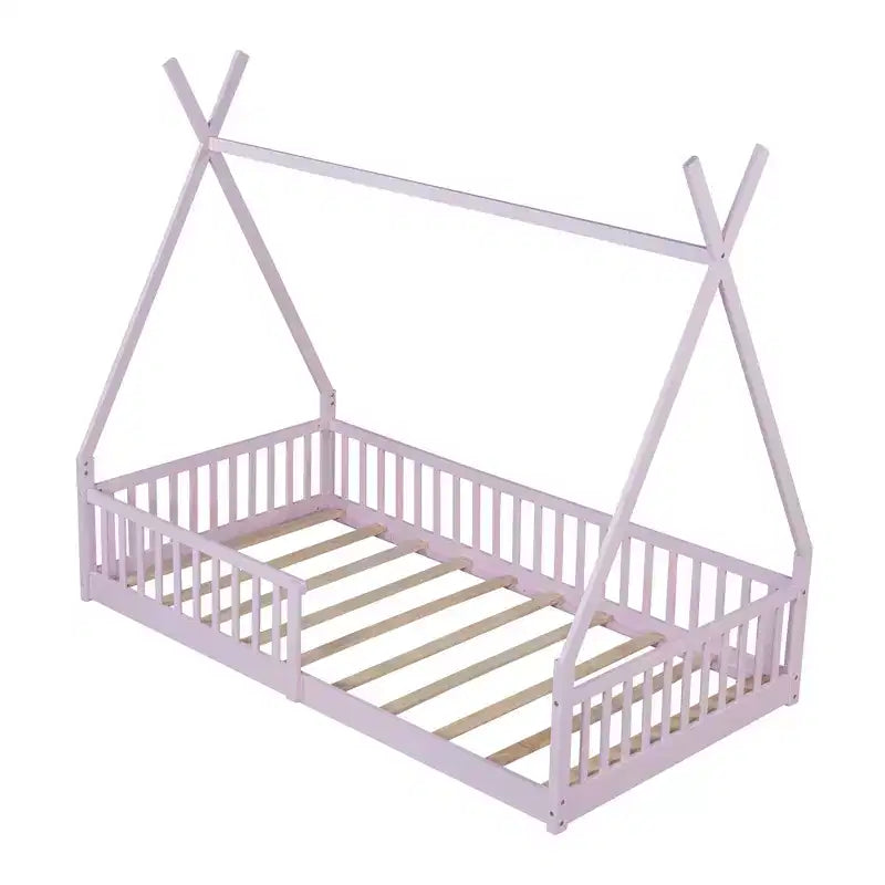 Cama de chão para crianças, camas-tenda individuais, cama de chão Montessori com ripas e grades de proteção, estrutura de cama-casa de madeira para meninos e meninas