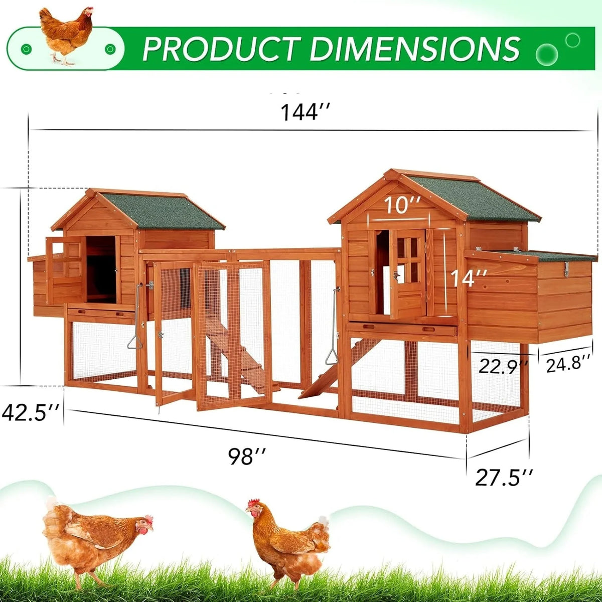 AECOJOY galinheiro grande de madeira de 144' com recinto, gaiola para aves domésticas