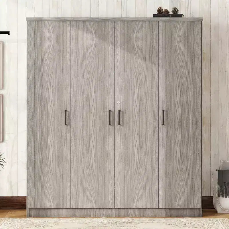 Guarda-roupa de madeira com 4 portas, varão para cabides, 1 gaveta e prateleiras de arrumação