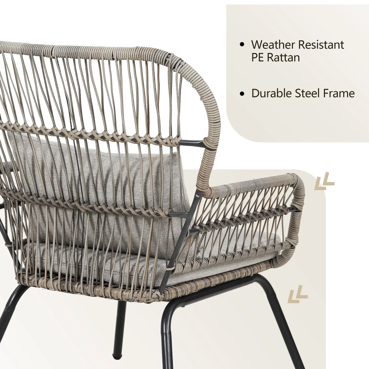 Ensemble bistro de conversation extérieur en osier de 3 pièces, mobilier de patio en rotin toutes saisons avec coussins
