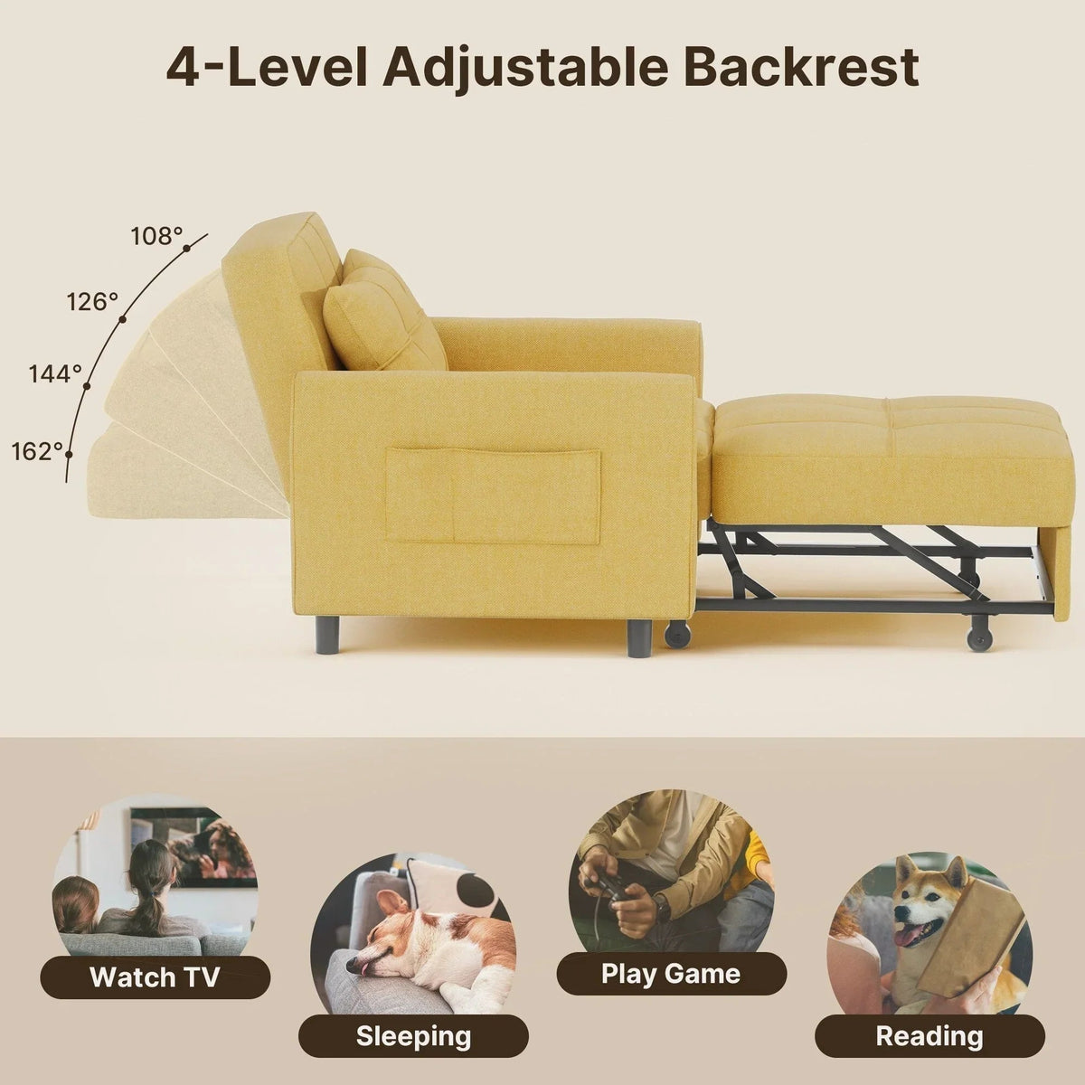 Sofá-cama ajustável 3 em 1, sofá-cadeira extraível, cama dobrável convertível para a sala de estar