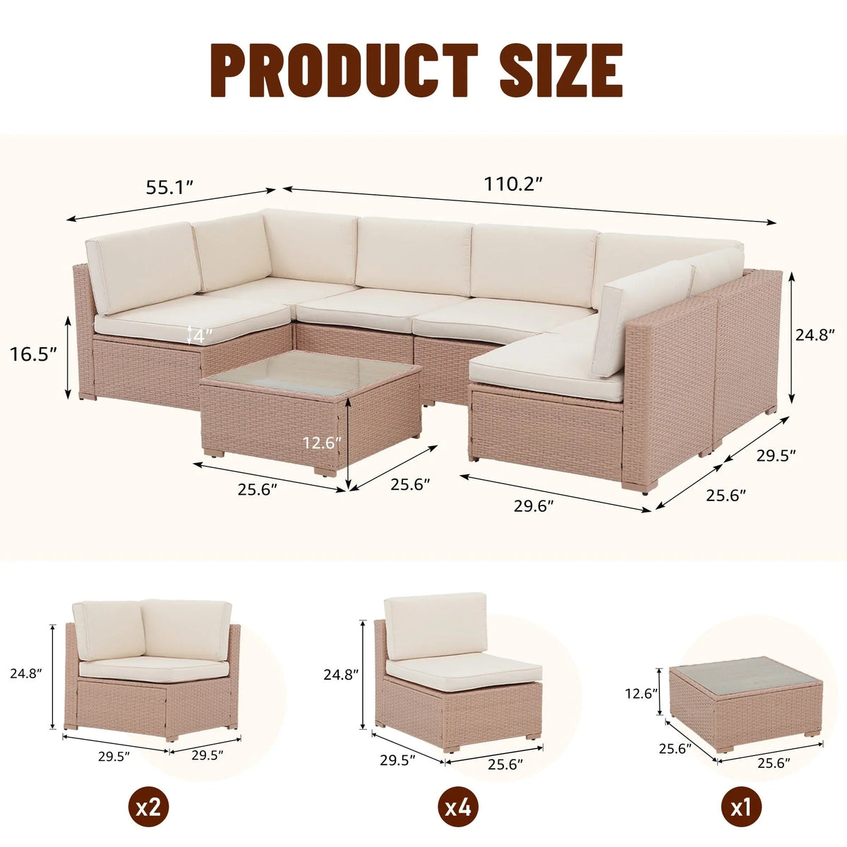 Ensemble de canapé modulaire d’extérieur rembourré en osier et acier, 7 pièces