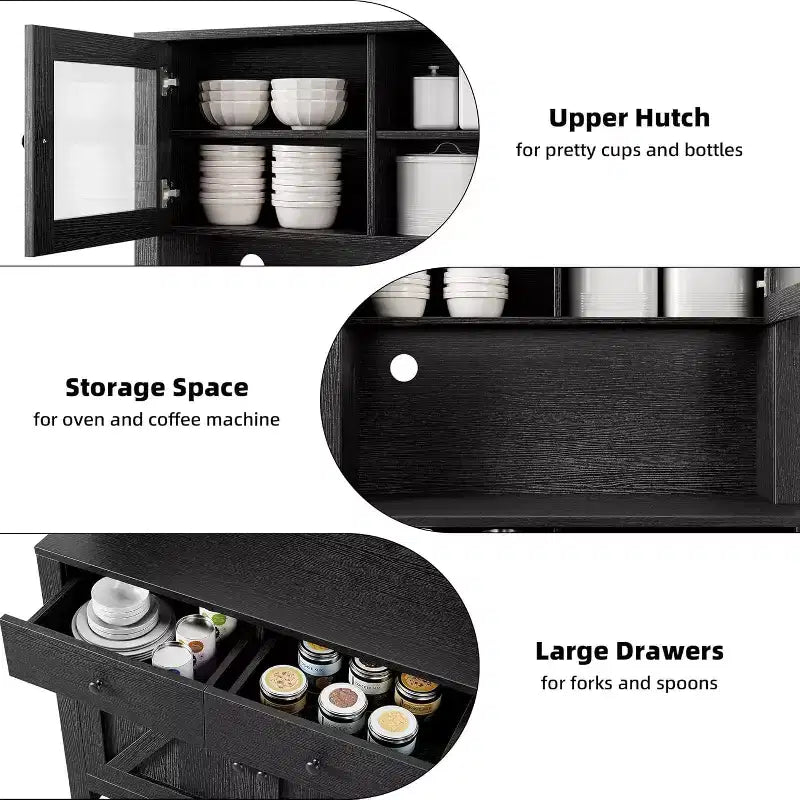 Armário despenseiro de cozinha com suporte para micro-ondas, armário com vitrina e aparador com prateleiras ajustáveis, para cozinha e sala de jantar