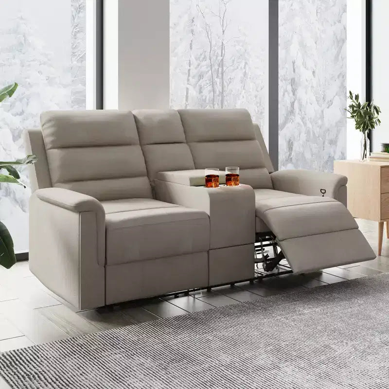 Beżowo-szara rozkładana sofa dwuosobowa z tkaniny technicznej, z regulowanym oparciem i podnóżkiem