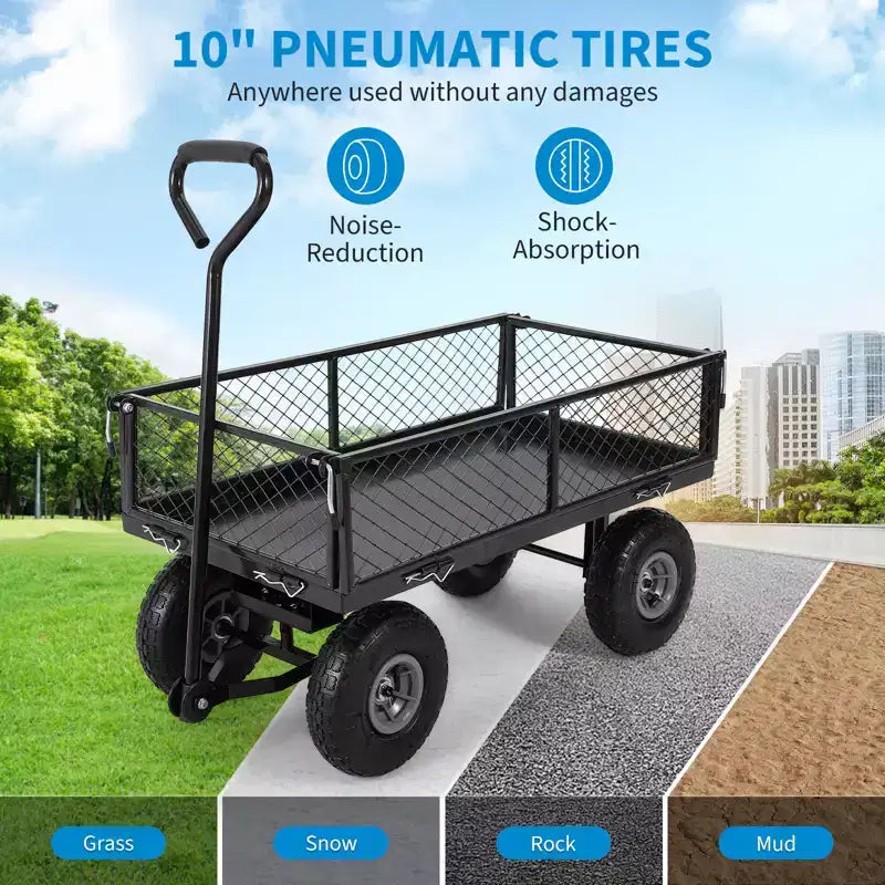 Carroça de jardim em aço resistente, 500 Lbs, carroça utilitária dobrável com laterais e revestimento em rede removíveis, 10 pneus pneumáticos, pega de puxar