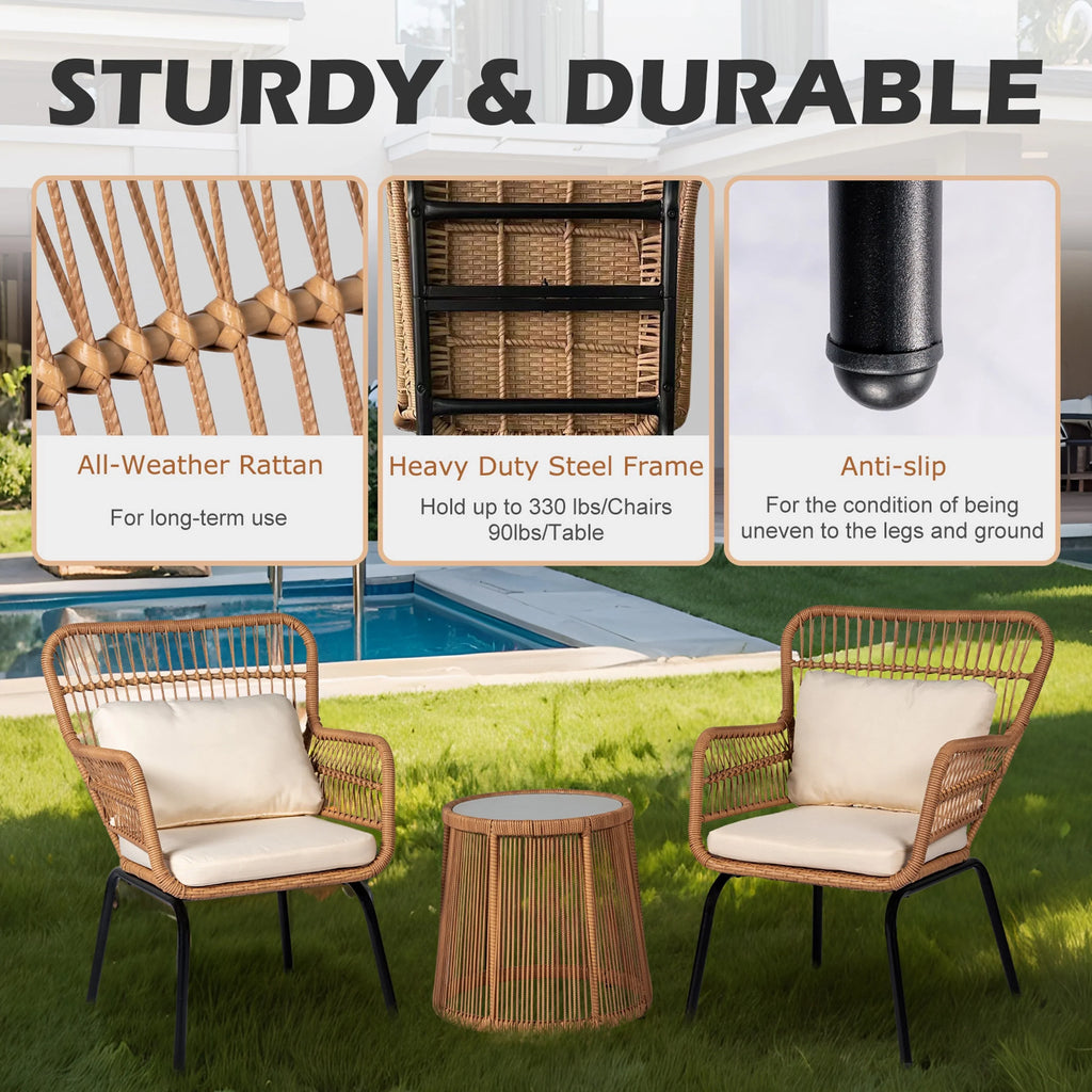 Ensemble bistro de conversation extérieur en osier de 3 pièces, mobilier de patio en rotin toutes saisons avec coussins