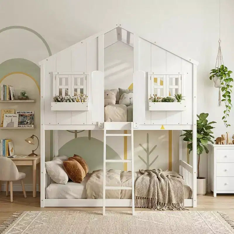 Cama alta de tamanho Twin em forma de casa, cama alta de madeira tipo casinha com escada e barreiras de proteção para crianças