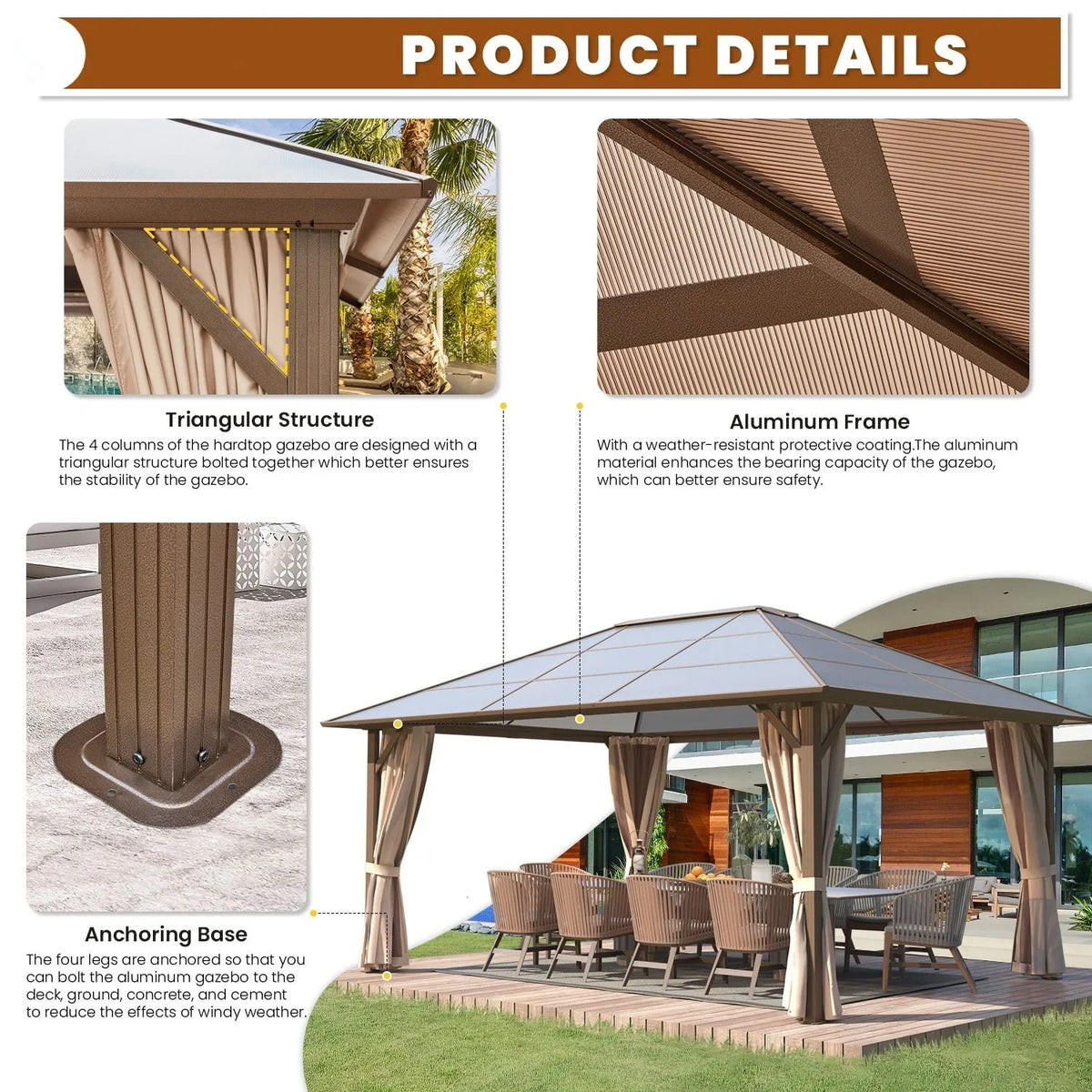 EROMMY Hardtop Gazebo,Outdoor Pergola with Double Roof & Netting & Curtains,Heavy Duty Canopy for Patio, Backyard, Pool party