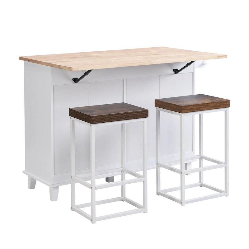 Conjunto de ilha de cozinha TOPMAX com aba rebatível e 2 lugares, conjunto de mesa de jantar com prateleira ajustável, gavetas e toalheiro