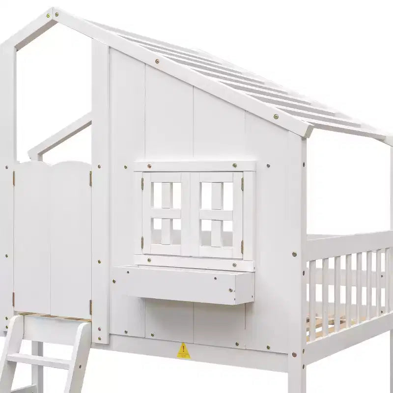 Cama alta de tamanho Twin em forma de casa, cama alta de madeira tipo casinha com escada e barreiras de proteção para crianças