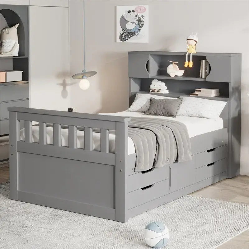 Cama de plataforma tipo capitão Twin/Full com 4 gavetas e prateleiras de arrumação, estrutura de cama em madeira maciça com cabeceira-estante para arrumação