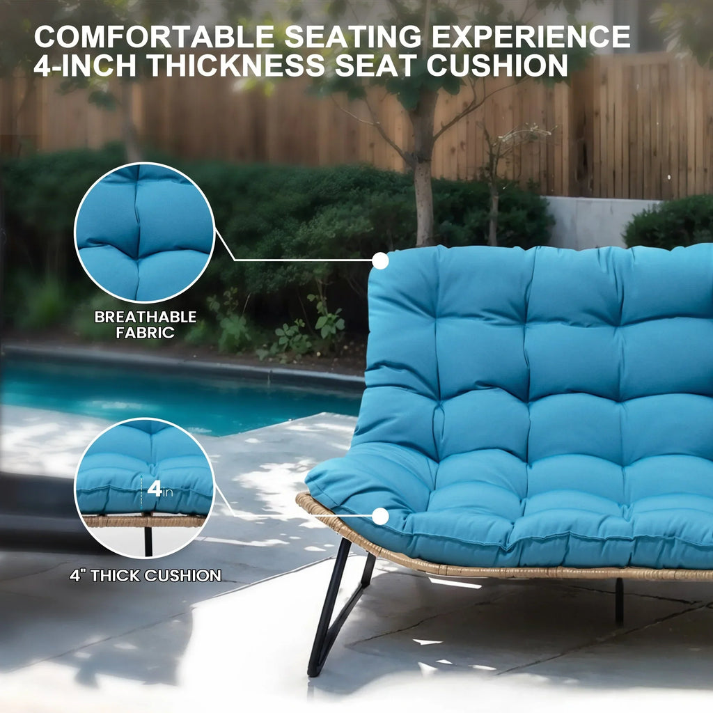 Doppelter Papasan-Sessel als Loveseat mit Kissen, wetterfestes PE-Rattan und Metallgestell für drinnen und draußen