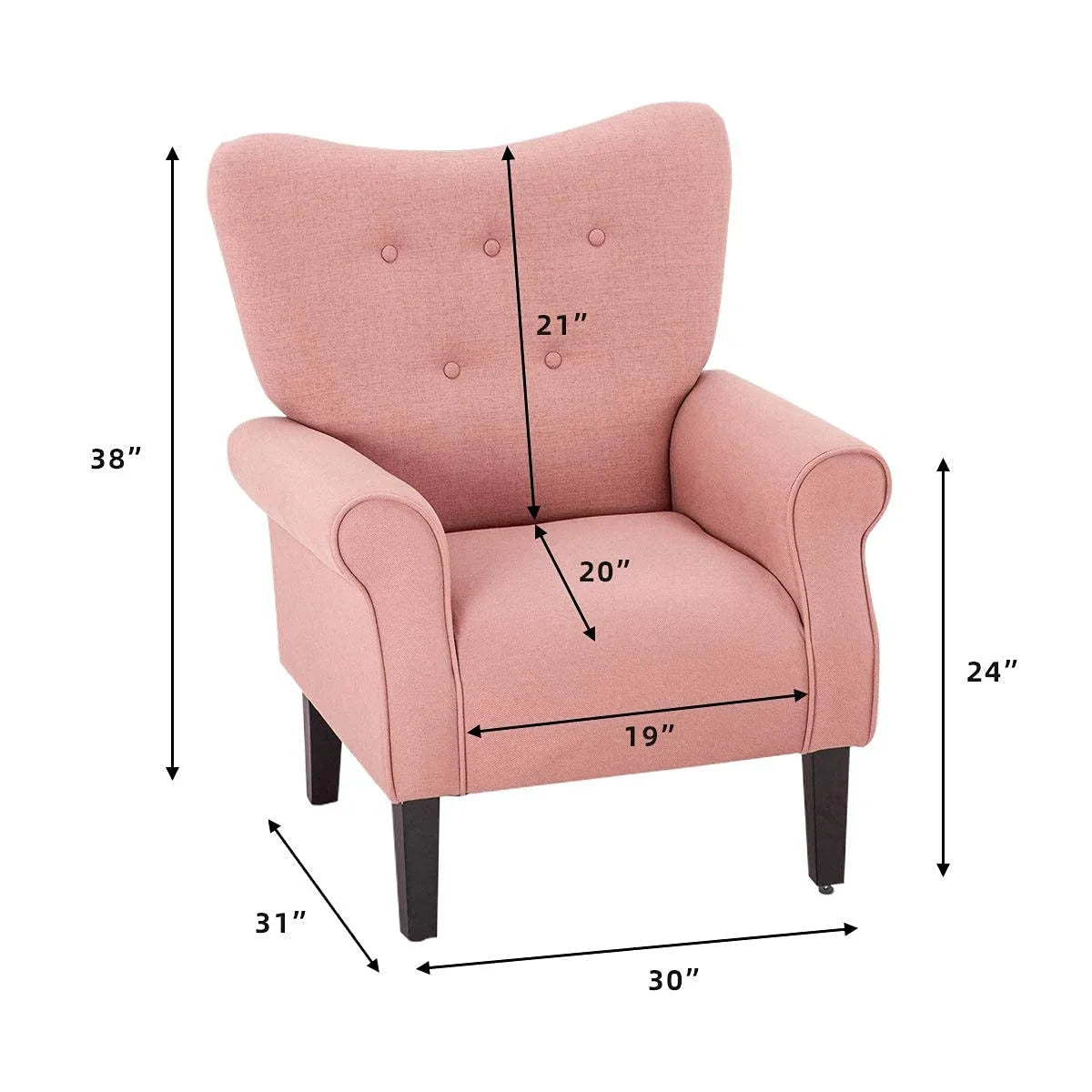 Fauteuil d’appoint moderne Erommy, fauteuil à dossier haut, canapé une place en tissu rembourré avec boutons et pieds en bois pour le salon