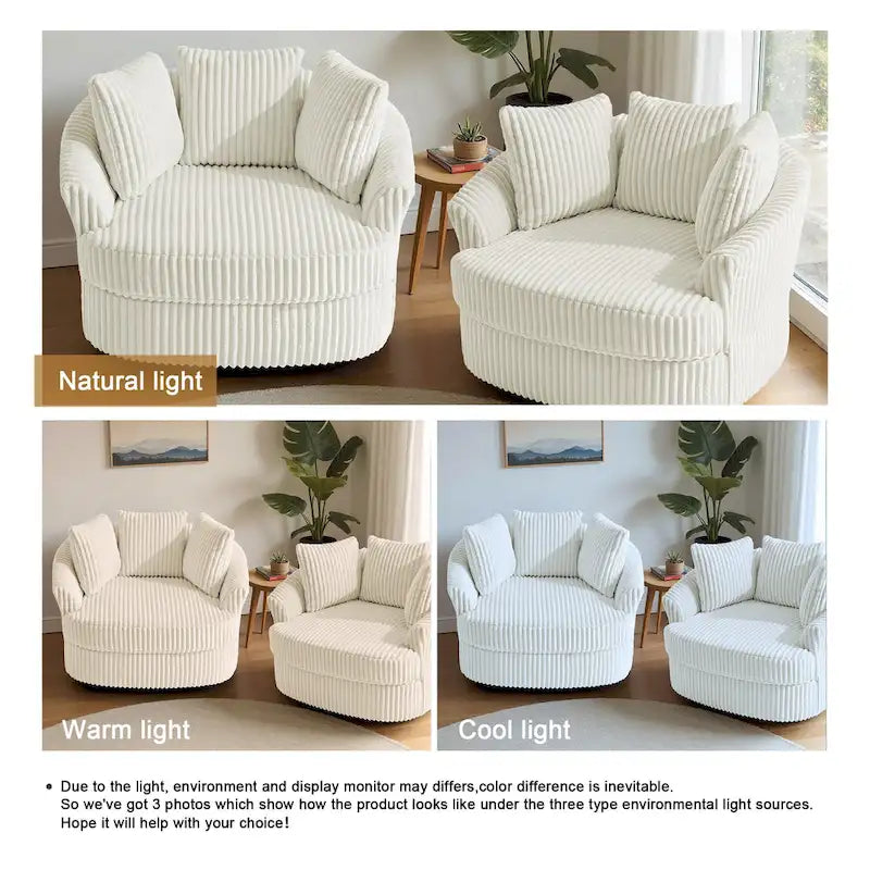 2 Set Oversized 43 W Plush Corduroy Swivel Barrel Chair with Pillows