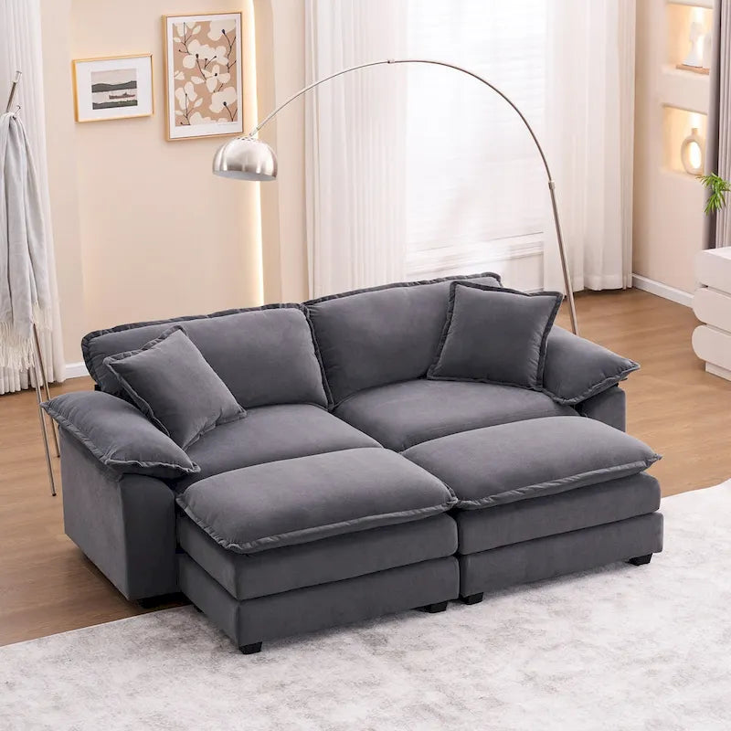 Canapé 2 places avec 2 coussins, 2 oreillers et 2 poufs, canapé confortable – canapé profond modulable pour le salon
