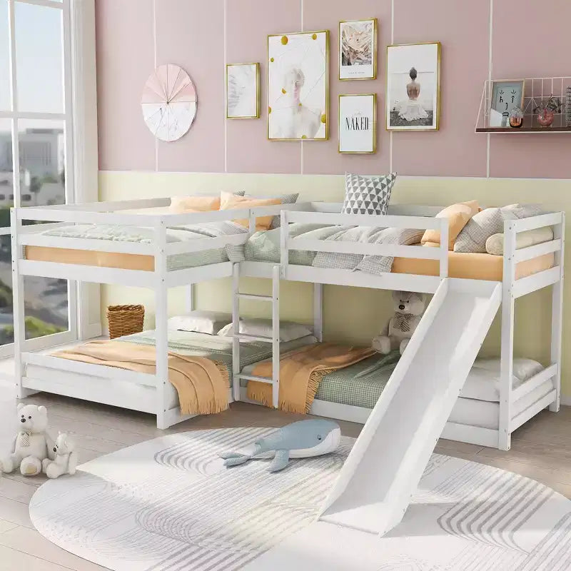L-förmiges Etagenbett für 4 Kinder, Etagenbett für vier Personen mit Rutsche, Full- und Twin-Holzrahmen für Schlafzimmer oder Wohnheim