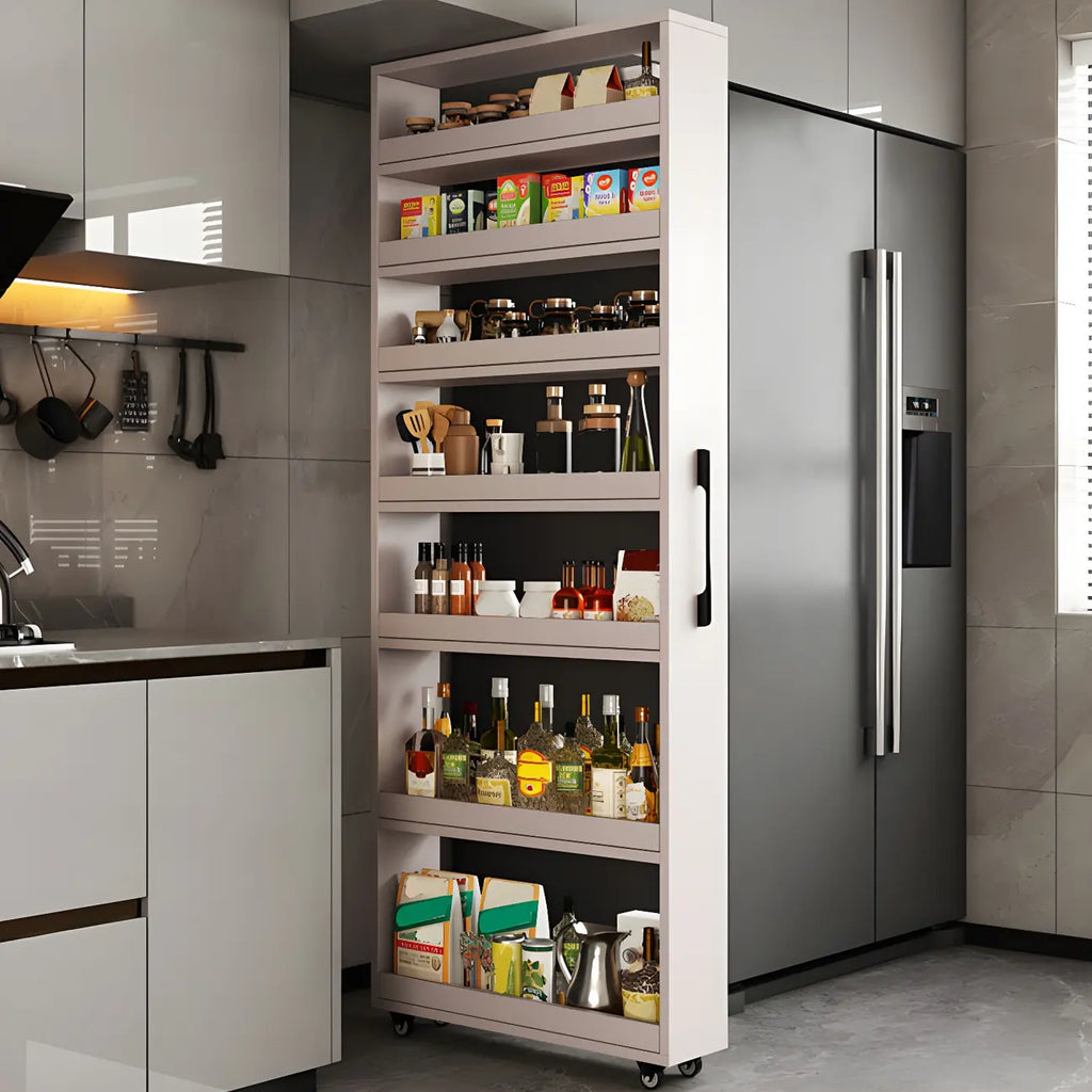 Credenza moderna in legno con ripiani aperti e rotelle