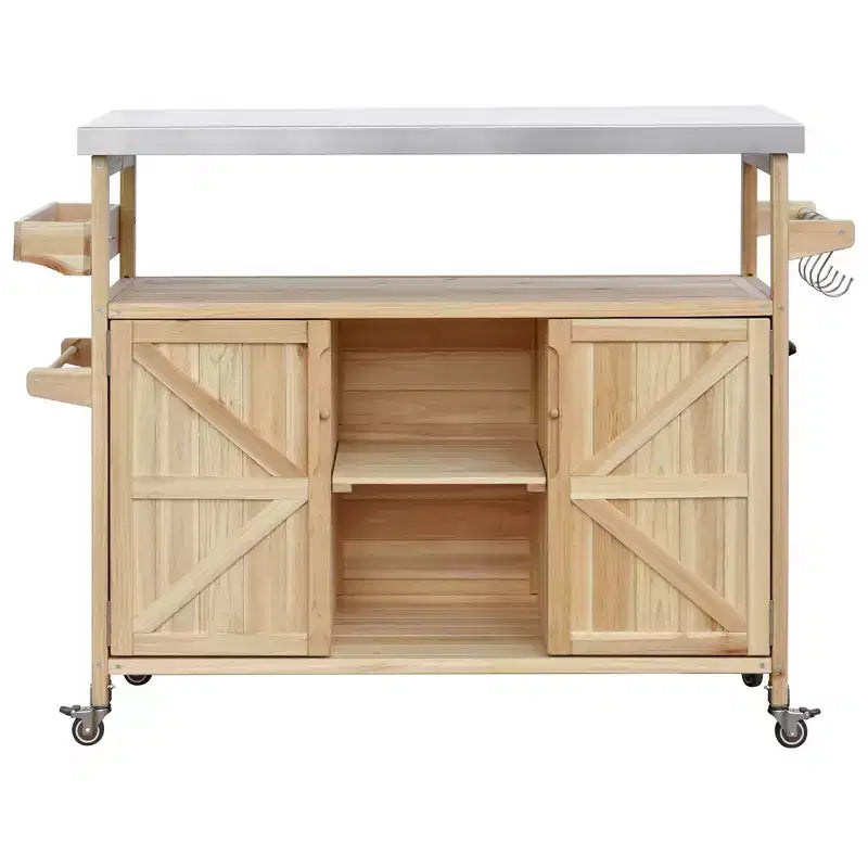 Okak Outdoor-Kücheninsel mit Edelstahlplatte, Küchenwagen aus Holz mit Türen, Regalen und Gewürzablage, rollbare Kücheninsel