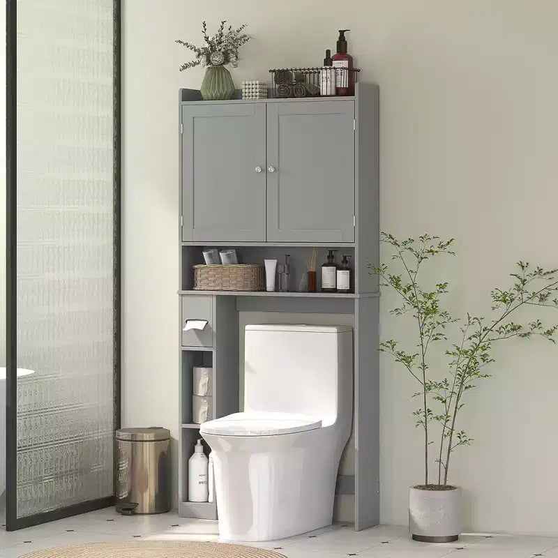 Armário HOMCOM para arrumação sobre a sanita, organizador moderno para casa de banho sobre a sanita com 2 portas, suporte para papel higiénico, economizador de espaço independente