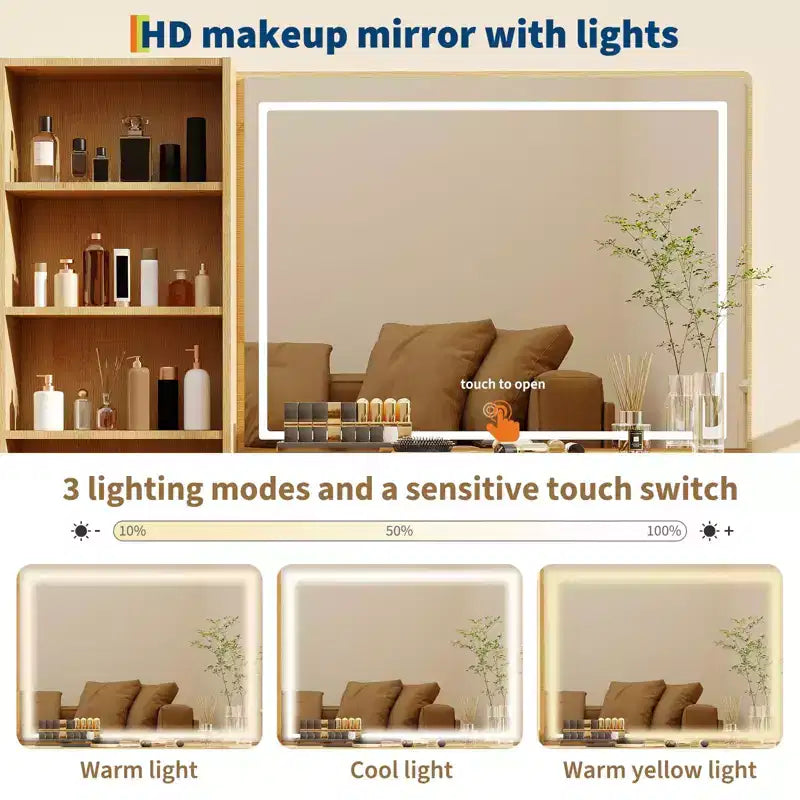 Schminktisch mit beleuchtetem Spiegel und Ladestation, dimmbares Touch-Licht mit 3 Lichtfarben, 5 Schubladen und Glasplatte, moderner Frisiertisch fürs Schlafzimmer