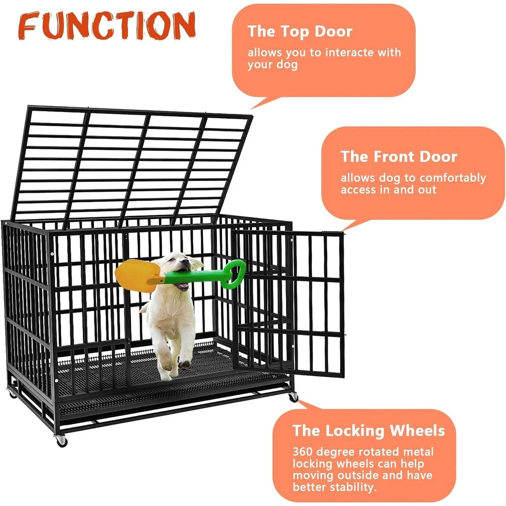 BOSSIN 48/38 inch Heavy Duty Indestructible Dog Crate, Escape Proof Dog Cage Kennel with Lockable Wheels