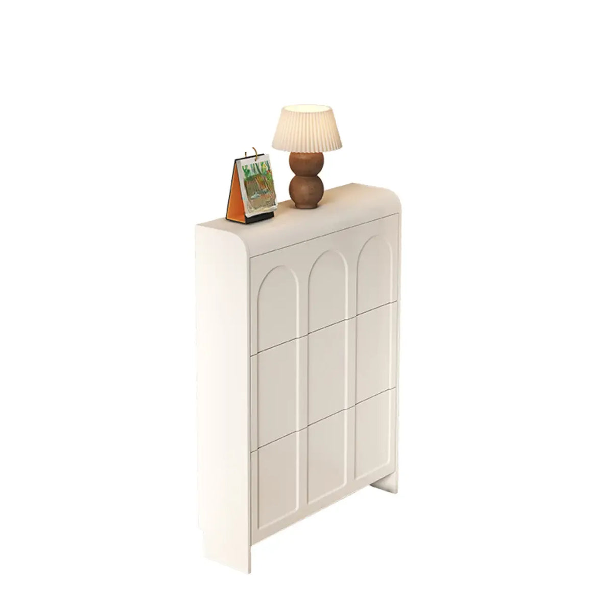 Smalle witte houten schoenenkast met 3 niveaus en neerklapbare voorklep