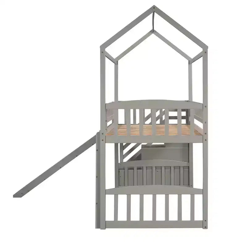 Cama alta tipo casa Twin com escorrega e escadas, cama alta com gavetas de arrumação, cama alta de madeira tipo cabana para crianças e bebés