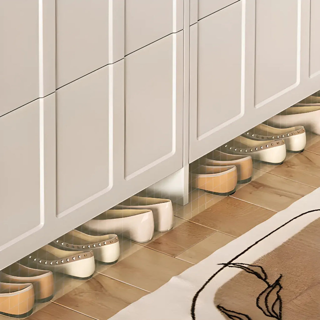 Smalle witte houten schoenenkast met 3 niveaus en neerklapbare voorklep