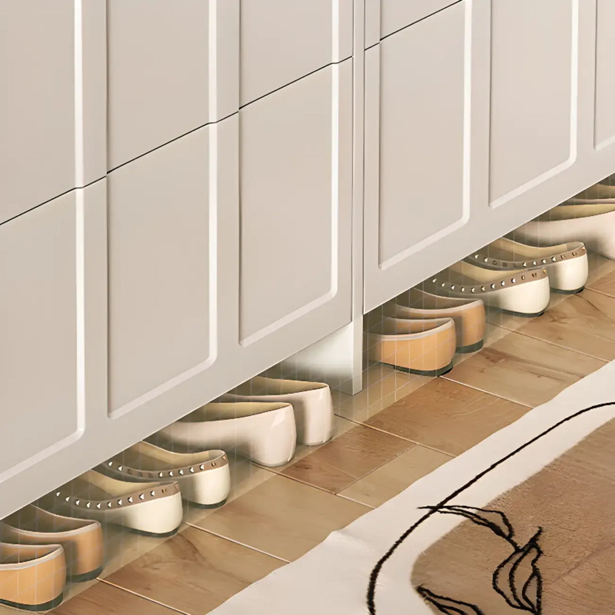 Smalle witte houten schoenenkast met 3 niveaus en neerklapbare voorklep