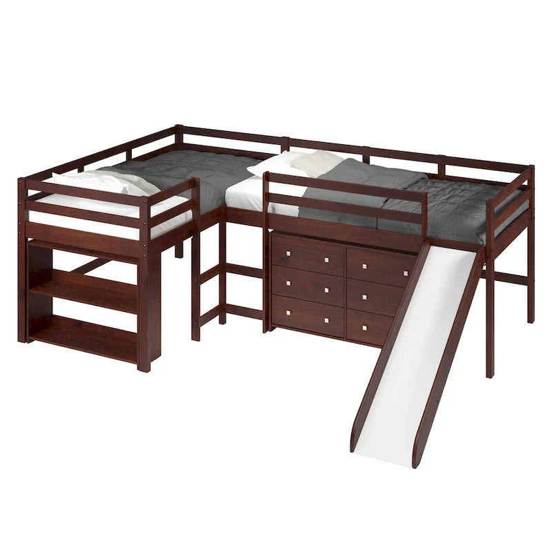 Set letto a soppalco scorrevole a L doppio Twin in color cappuccino scuro
